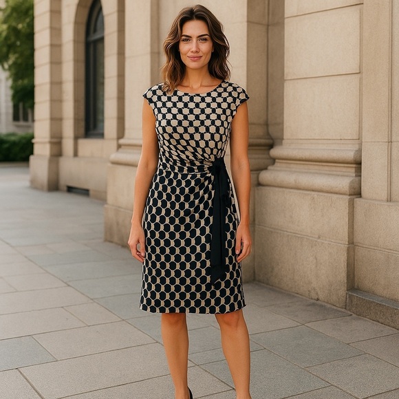 Connected Apparel Black and Cream Patterned Midi Dress - Picture 1 of 6